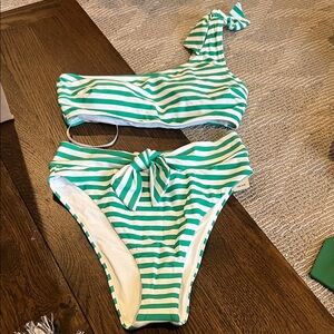 Aerie Green and White Striped Bikini Set small NWT